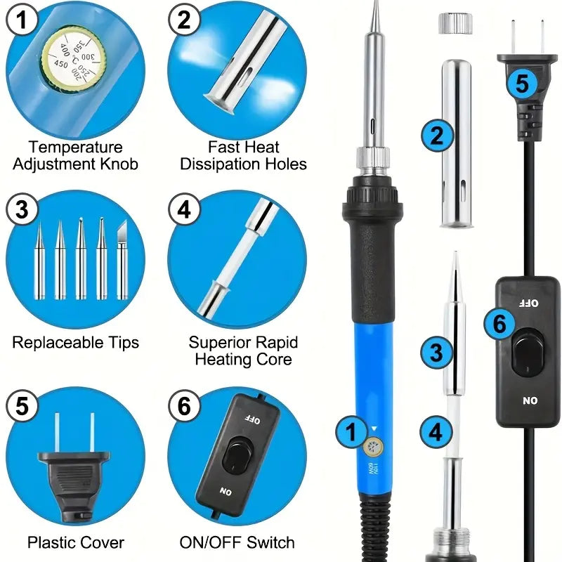 Adjustable Temperature Electric Soldering Iron Set, 110V 60W, 200–450°C, Includes 5 Tips, Stand and Cleaning Sponge