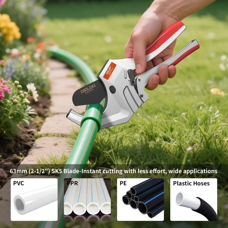 PVC Pipe Cutter, Cuts Up to 2-1/2" Ratchet Heavy-Duty SK5 High-Hardness Blade, 63mm Opening Aluminum Alloy Body Ratcheting for PVC, PPR, PE, PEX, Plastic Hoses & Plumbing Pipes Tube Cutter Pipe Cutting Tool