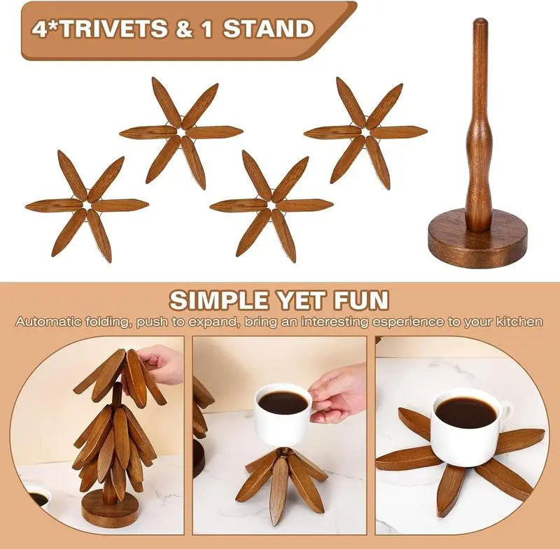 Walnut Tree Trivet Set 4 Wooden Trivets & 1 Stand Heat Resistant Foldable Design Durable & High Quality Solid Wood Ideal for Hot Dishes, Pots, Bowls, Teapots Kitchenware & Tableware Coasters