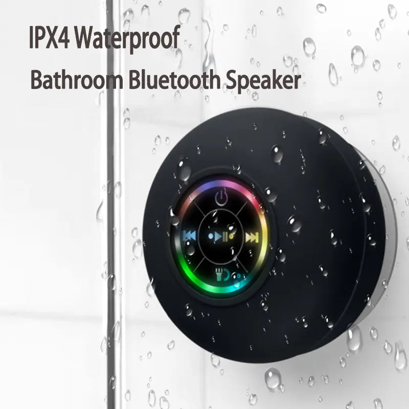 Waterproof Speaker Portable Suction Cup with LED Lights Rechargeable Bluetooth-compatible for Home Bathroom Outdoor Shower Black Wireless Speaker，hands-free