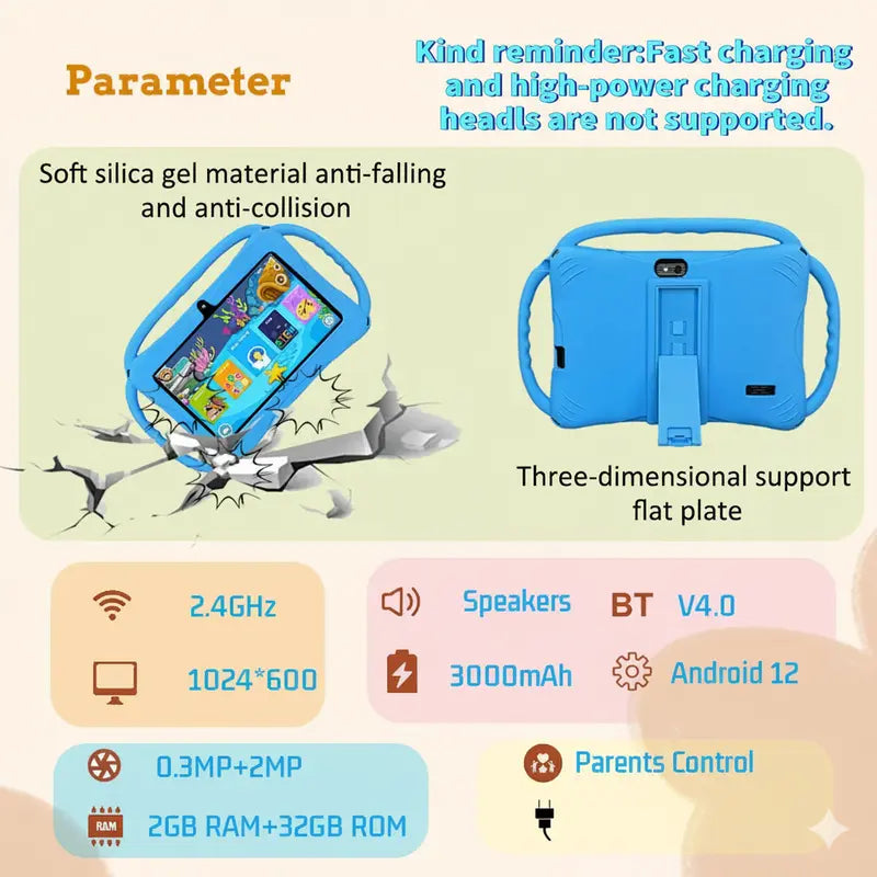 Educational Tablet,7-inch Kids Tablet with Three-Handle Shockproof Case | Android Learning Tablet for Toddlers | Parental Control, Dual Camera, WiFi | Best Gift for Children（sold：741）