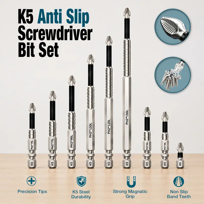 K5 anti-slip screwdriver bits, K5 impact-resistant anti-slip screwdriver bits, strong magnetic screwdriver bit set; suitable for home repairs and DIY; power screwdriver bit set; power tool accessories.