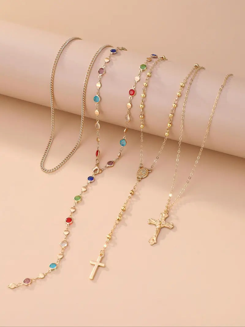 26new 4 Piece Set Vintage Metal Jesus Cross Y-Style Long, Bohemian Style Boho Chic Colorful Crystal Glitter Cross Pendant Jewelry, Perfect Fashion Gift for Women