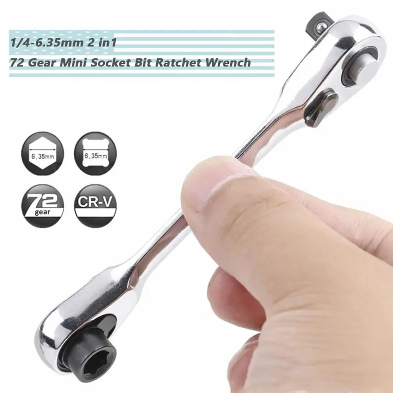 1-Piece 1/4-Inch Silver Mini Double-Headed 72-Tooth Ratchet Wrench, 5-Degree Quick Release Drive Socket (Bits Not Included), Textured Grip Rotator for Confined Space, DIY Maintenance Work Tool, Tools and Gadgets