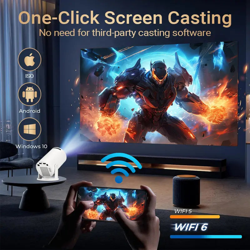 HY300Pro+ Outdoor Portable Projector Mini 4K Decoding Projector with 5G WiFi 6 & BT 5.0 720P Full HD 160 ANSI Lumens Portable Home Theater for Android Audio Bluetooth Game, Wireless Projector, Tabletop,