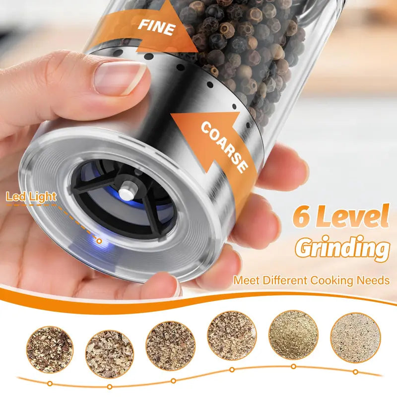 【New】HomeHacks Electric Salt & Pepper Grinder Sets （2PCS）- LED Light,Rechargeable, Freely adjustable grind size(6 Settings) , One button,One hand,Huge upgrade, for Home Kitchen & BBQ