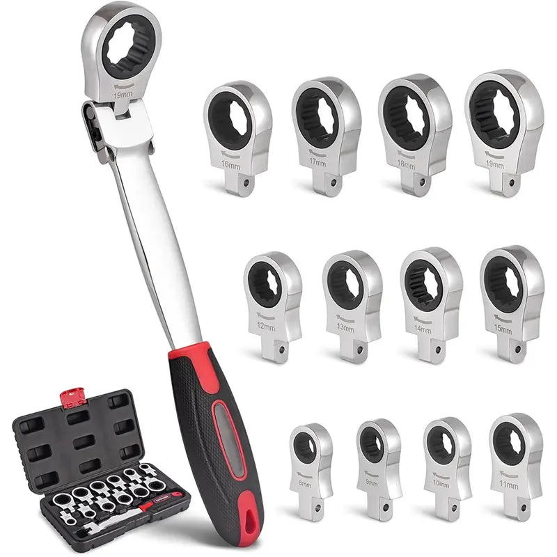 12-in-1 Interchangeable Head Ratcheting Wrench Set,8-19mm Flex Head for Tight Spaces,Mechanic Tool Set,Father's Day Gift for Dad
