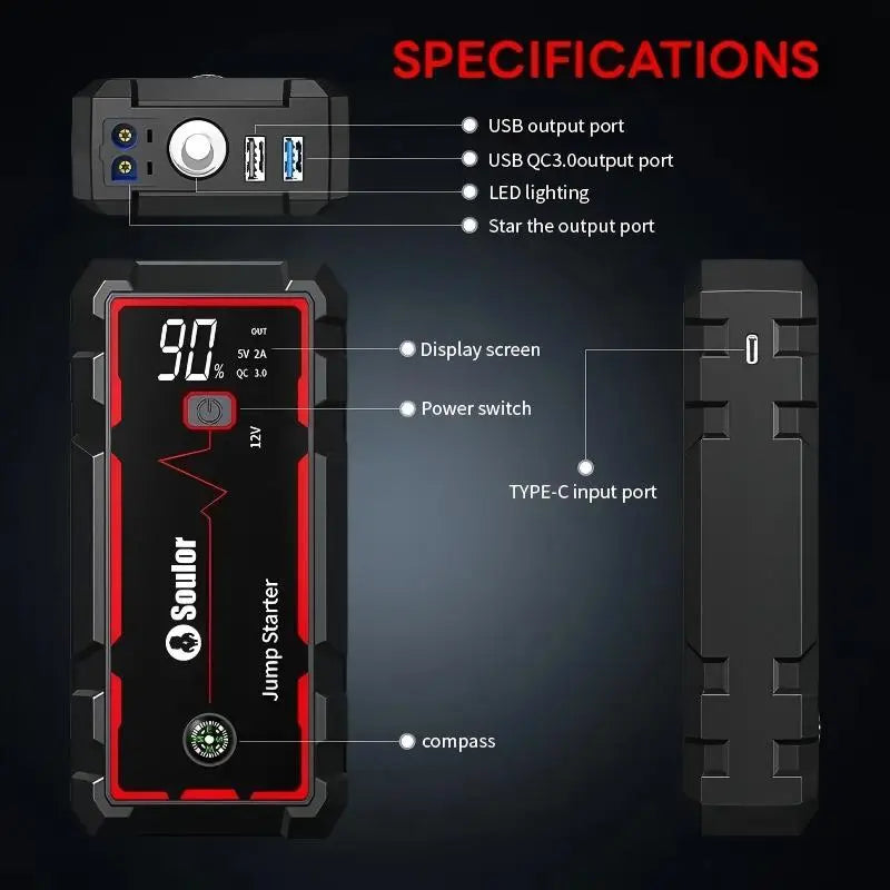 Soulor 8000mAh Portable Car Jump Starter 12V Battery Booster Power Bank with LED Emergency Light, LCD Display and Smart Jumper Cables for Cars SUVs Trucks fathersdaygift