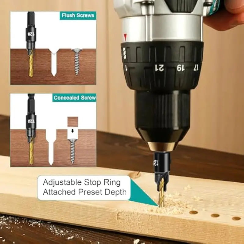 5PCS Countersink Drill Bit Set, Professional Brocas para Madera - Adjustable Wooden Drill Bit Set, Used for Wood Countersink Drill Bit with Depth Stop  [Sold 510 units]