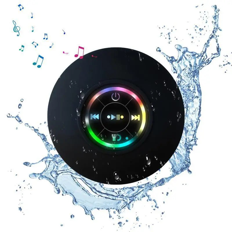 Portable Black Bluetooth Speaker - Wireless, Waterproof, 20kHz Audio, Suction Cup, LED Light, Rechargeable, Hands-Free, Smartphone/Tablet Compatible, Home Bathroom Gadget for Any Setting