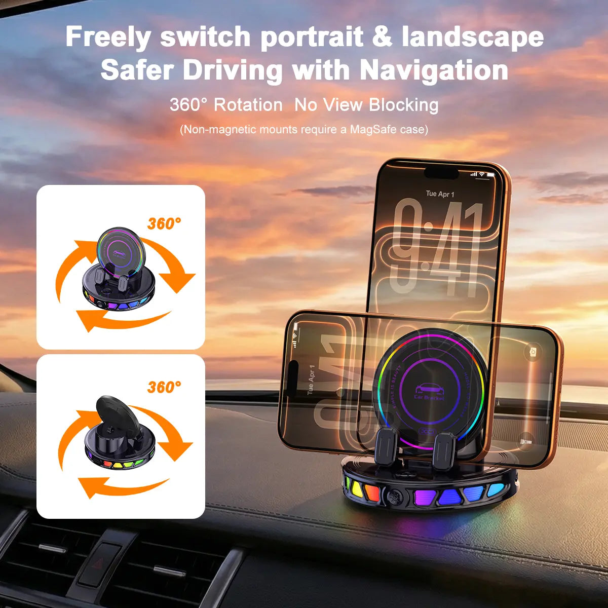 360° Rotating Wireless Charging Car Phone Holder with RGB Lights - Auto-Lock, Ultra-Stable Gel Base, Plastic/Rubber Build, Hands-Free, for Dashboard & Windshield, Fits iPhone & Android, Car Interior Accessory [Sold 586 units]