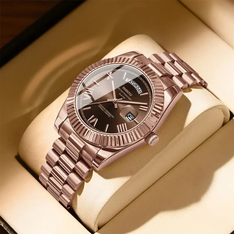 Men's Business Fashion Analog Quartz Watch - Rose Gold Stainless Steel, Round Face, Day-Date, Luxury Brown Dial, Durable Watch, Dress Wristwatch, Versatile Gift for Him (Anniversary, Birthday, Unique), Business Fashion Watch  [Sold 1000+ units]