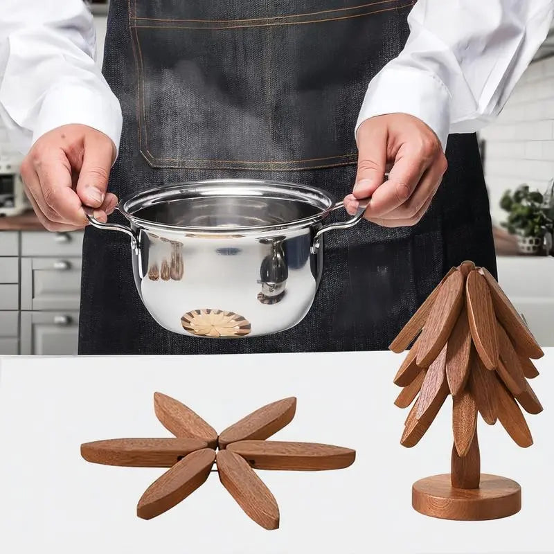 Walnut Tree Trivet Set 4 Wooden Trivets & 1 Stand Heat Resistant Foldable Design Durable & High Quality Solid Wood Ideal for Hot Dishes, Pots, Bowls, Teapots Kitchenware & Tableware Coasters