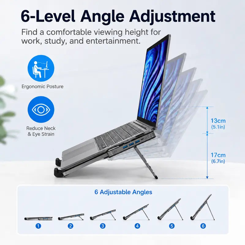 Grey Laptop Stand with Foldable USB Hub, Adjustable Ergonomic Desk Riser, Multi-Port Expansion for MacBook, PC, Tablets & Travel Use,Father's Day Gift