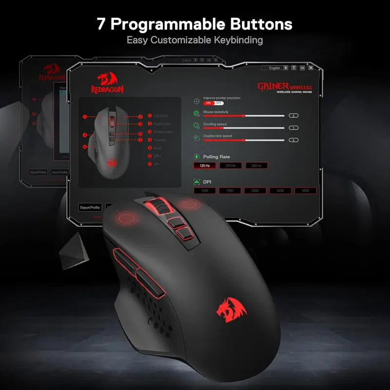 Redragon M656 Gainer Wireless Gaming Mouse, 4000 DPI 2.4Ghz Gamer Mouse w/ 5 DPI Levels, 7 Macro Buttons, Red LED Backlit & Pro Software/Drive Supported, for PC/Mac/Laptop,summerwins