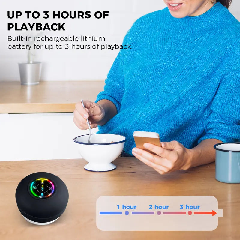 Waterproof Speaker Portable Suction Cup with LED Lights Rechargeable Bluetooth-compatible for Home Bathroom Outdoor Shower Black Wireless Speaker，hands-free