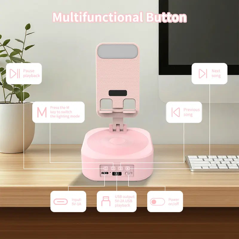 Portable Bluetooth Speaker - 4-in-1 Sound Box with Phone Stand, 300° Foldable Silicone Base, LED Light, Rechargeable Emergency Function, USB Music Playback, Father’s Day Pink Gift for Tablet iPhone Android Users  [Sold 1000+ units]