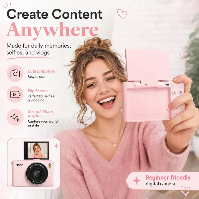 Portable Digital Camera, Compact 180° Flip Screen, Beautiful Images, Camera for Pictures, SD Card, Elegant Camera Bag, Ideal for Vlogging and Photography, Valentine's Gift（1,000+ sold）