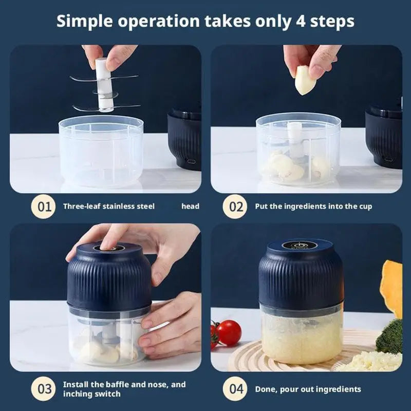 Electric Garlic Chopper Rechargeable Wireless Mini Food Processor One Touch Operation Splash Proof Lid for Chopping Garlic Onion Ginger Meat Baby Food Smoothies Blue Kitchen Utensils Dispensers Oil Cordless Cutting