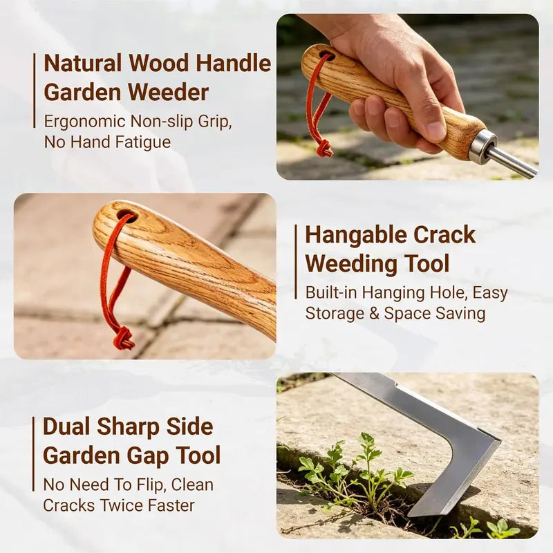 2026 Crack Weeder Tool , lawn mower tools Stainless Steel Manual Grass Puller with Beech Wood Handle for Sidewalk Driveways Patio Paver Narrow and Wall Gaps Garden