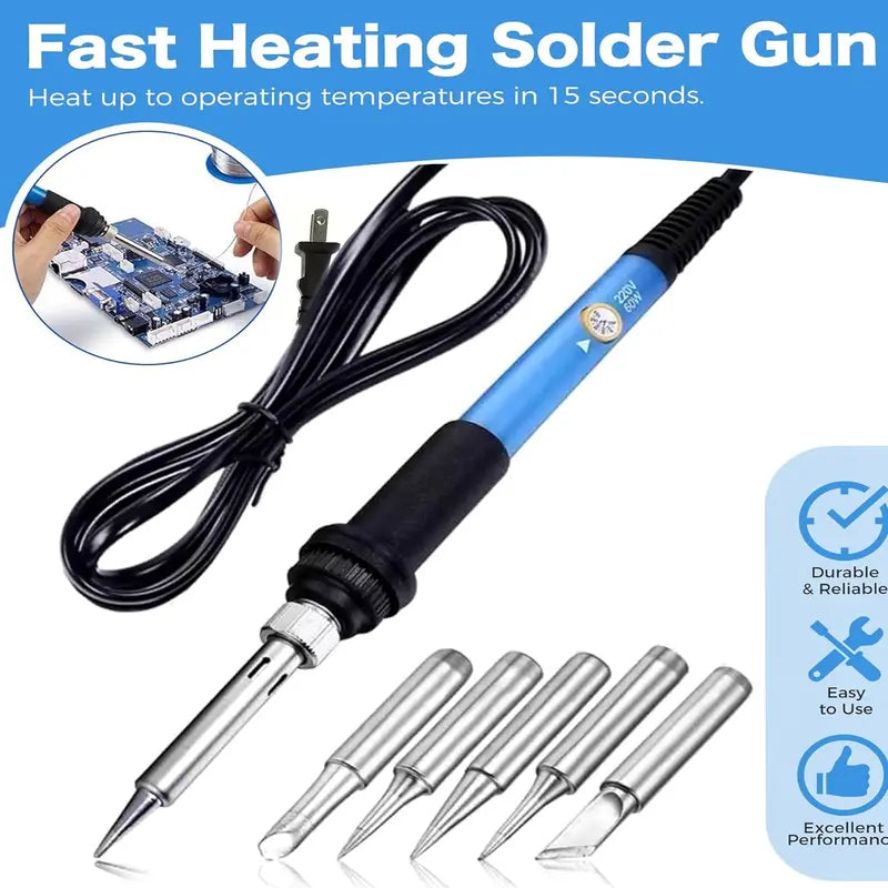 Adjustable Temperature Electric Soldering Iron Set, 110V 60W, 200–450°C, Includes 5 Tips, Stand and Cleaning Sponge