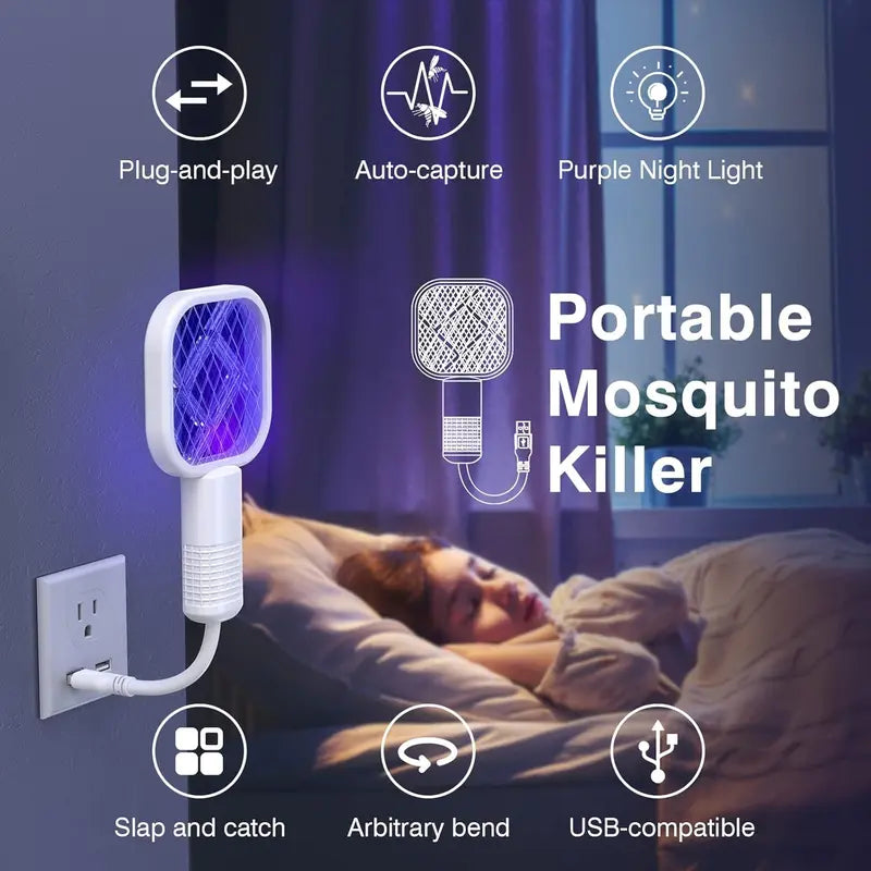 USB Mini Portable Mosquito Zapper – 2-in-1 Bug Killer Bat with UV-A Light Protector, USB-Powered LED Lamp Indoor Mosquito Trap, Compact Travel-Friendly Design, Quiet Effective Operation, Ideal for Bedroom, Camping & Office Use