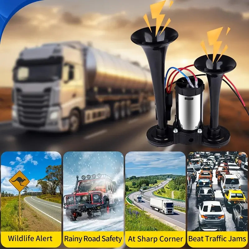 2026 Upgraded 12V 130DB High-Power Dual Air Car Horn Kit Set with Compressor - Easy-Install Vehicle Accessory, Loud Alert for Trucks, SUVs, Home Security (SilverBlack)