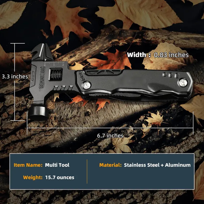 All-in-One Adjustable Wrench Multitool 16-in-1 - Hammer Pliers Pocket Knife Screwdriver Camping Survival Tool for Men