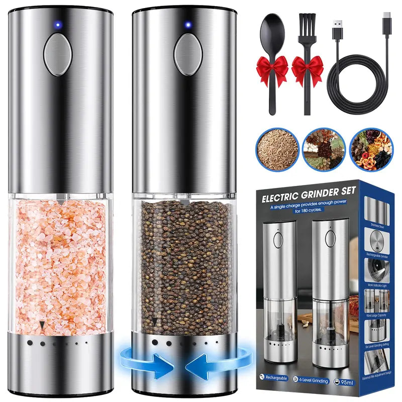 【New】HomeHacks Electric Salt & Pepper Grinder Sets （2PCS）- LED Light,Rechargeable, Freely adjustable grind size(6 Settings) , One button,One hand,Huge upgrade, for Home Kitchen & BBQ