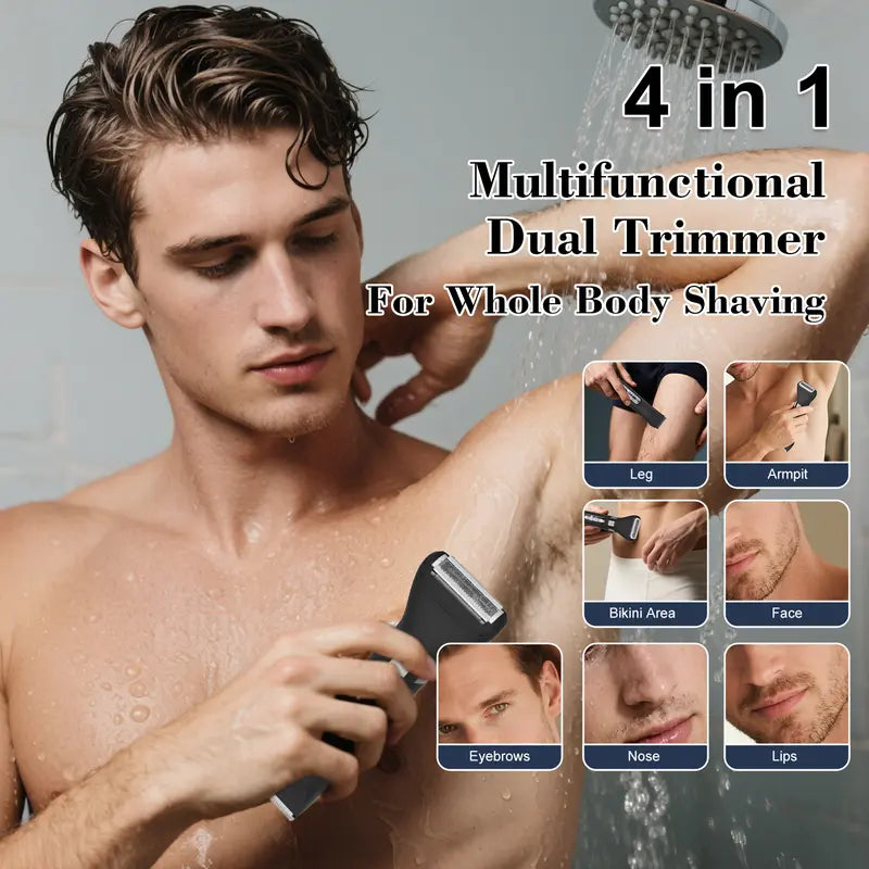 4-In-1 Dual Head Electric Shaver, Body Hair Trimmer & Facial Hair Remover, Nose Hair Clipper, Ipx7 Waterproof, for Leg Arm Body Face