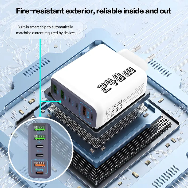 6-Port USB-C PD Charger 240W, Quick Charge 3.0, Type C USB Phone Charger, Super Fast Charging Adapter for iPhone, Samsung & Xiaomi