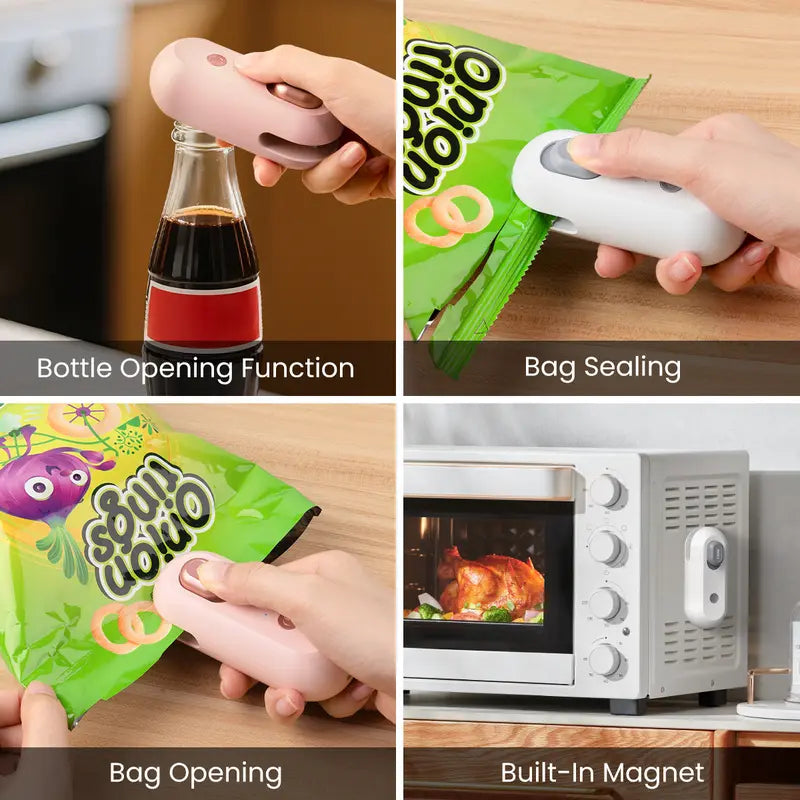 IMOLI New 4 in 1 Mini Sealing Machine Snack Bag Portable Beer Bottle Opener Built-In Cutter USB Rechargeable Plastic Heat Sealer for Food Storage Magnetic Design Home Kitchen Pet Supplies Camping