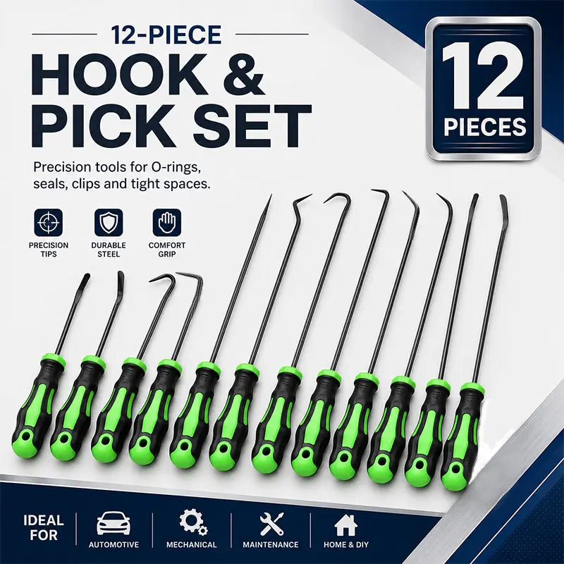 12-Piece Carbon Steel Pry Hook Set, Long-Handle & Mini Disassembly Pullers for Automotive Oil Seals, O-Rings & Sealing Pads, Ideal Mechanic Tools for Dad, Husband on Father's Day, Car Guy, Long‑Reach Handle  [Sold 489 units]