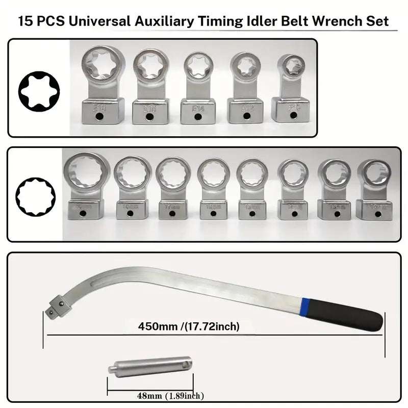 15PCS Universal Belt Tensioner Pulley Removal Tool Kit, Serpentine Belt Wrench Set for Engine Timing, Nut Bolt Screw Remover [Sold 631 units]