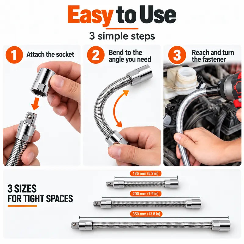 1/2 Inch 35cm Multifunctional Socket Wrench Set - 3 Bendable Shafts, Wrench Extender, Connecting Rod - Car Repair Tools for Car Repairs, Nuts/Pipes, Torque Range Use, Father's Day Gifts（1,000+ sold）
