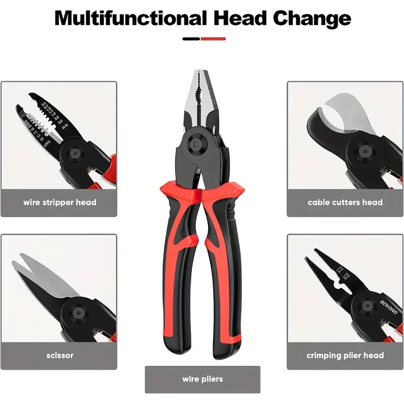 5-in-1 Multifunctional Interchangeable Pliers Set Wire Stripper Cable Crimping Pliers Lineman Pliers Cable Cutter Electrician Scissors Hand Tools Heavy Duty Hardware Industrial Portable