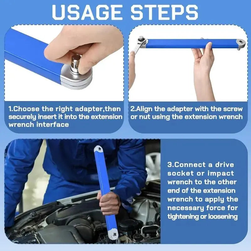 Offset Extension Wrench, Upgraded Impact Ready Extension Wrench Set, with 4pcs Square Drive Adapters, 15" Socket Wrench Tool, Universal Extensions Wrench for Hard-to-reach Place
