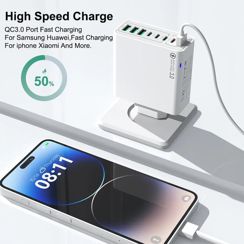 8 in 1 Waterproof Ports USB Fast Charger, Multi-Port Charging Station for Multiple Devices - High-Speed Hub w/Outlet Plug, Portable Wall Adapter for Travel/Home/Office