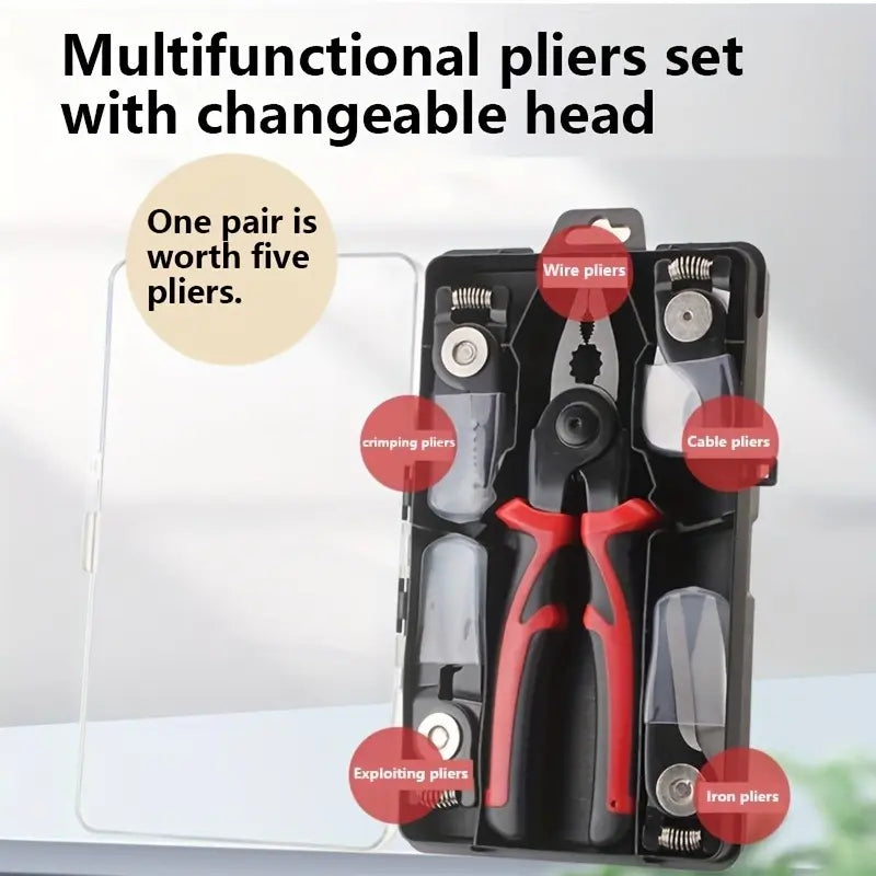 5-in-1 Multifunctional Interchangeable Pliers Set Wire Stripper Cable Crimping Pliers Lineman Pliers Cable Cutter Electrician Scissors Hand Tools Heavy Duty Hardware Industrial Portable