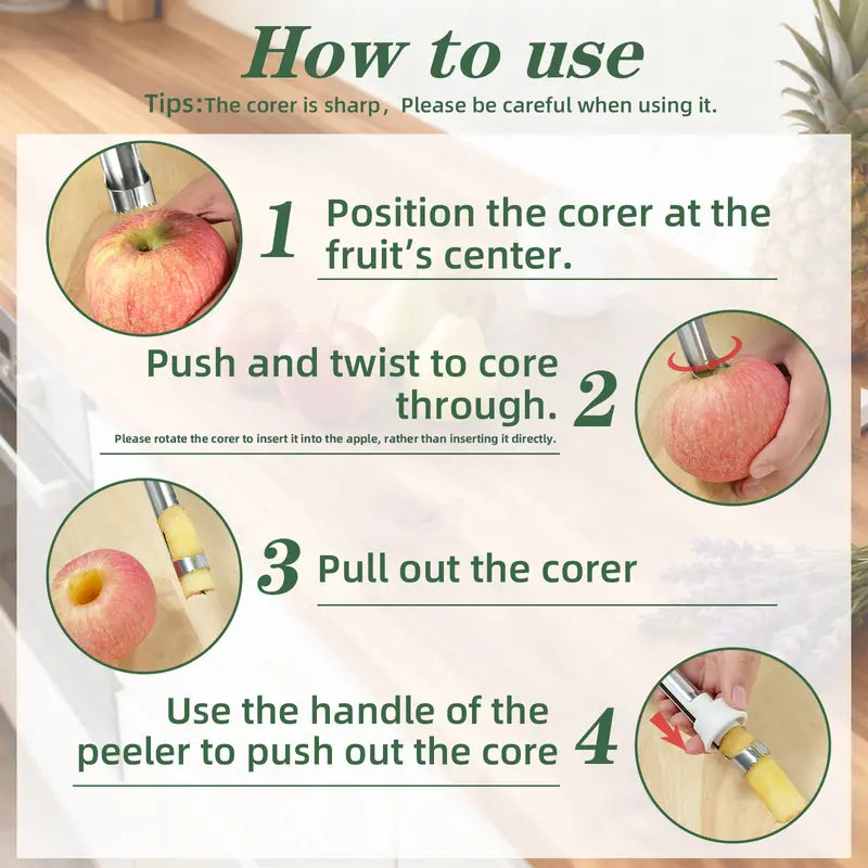 2 in 1 Apple Corer and Peeler, Apple Core Removal Tool, Stainless Steel Fruit Corer, Apple Seed Remover for Cored Apples, Pears, Bell Peppers and Cakes, Kitchen Gadget for Fruit and Vegetable