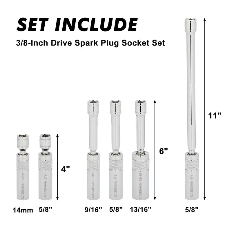 6PCS 3/8-Inch Drive Magnetic Swivel Spark Plug Socket Set, Thin Wall, Include 9/16-Inch, 5/8-Inch, 13/16-Inch, 14mm， Socket, Length: 4-Inch, 6-Inch, 11-Inch, 12-Point, CR-V, DEALS FOR YOU DAY