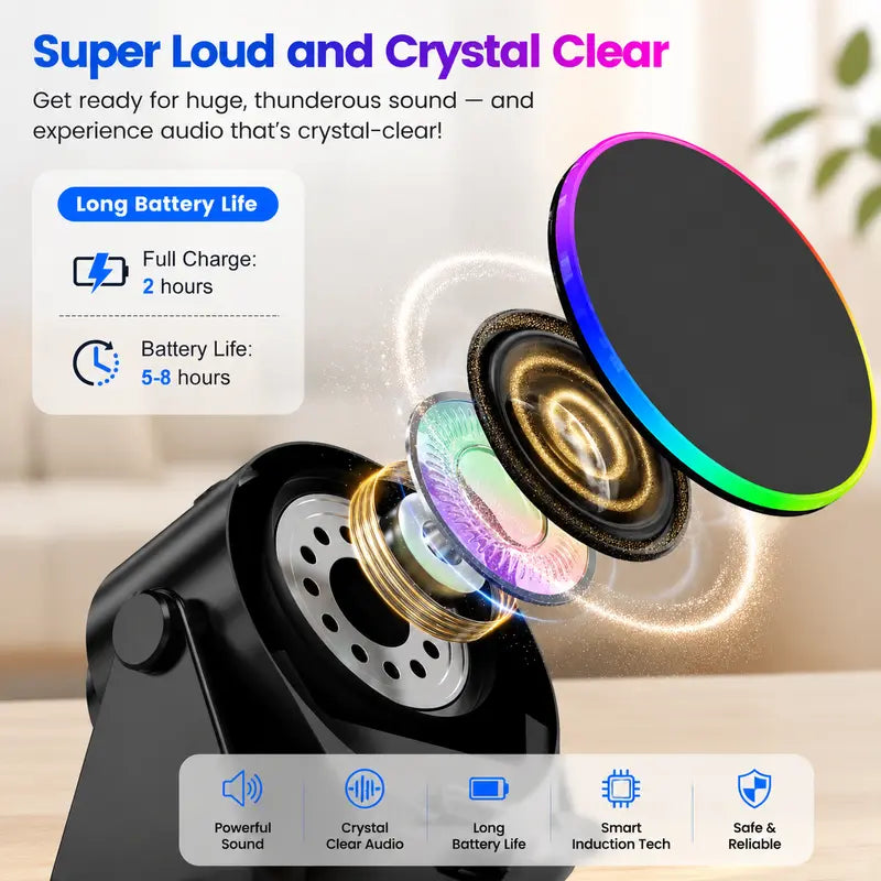 Dohelly 5 IN 1 Wireless Induction Audio Bluetooth Speaker, 360° Rotation Stand with LED, Universal Speaker Stands for Surround Sound&Charger,Portable Desktop Stand Gift for Home, Shower, Outdoors, Travel.,back to school,back to school haul