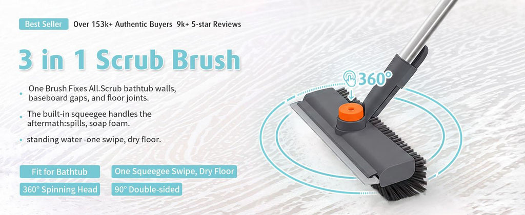 3-in-1 Floor Scrubber Squeegee Combo - Long Handles, 360° Rotatable, Heavy-Duty Stiff Bristle Scrubber, 3in1 Glass Wipe for Bathtub, Shower, Home Cleaning Supplies (Shower Broom Squeegee), Brush+Squeegee, Durable