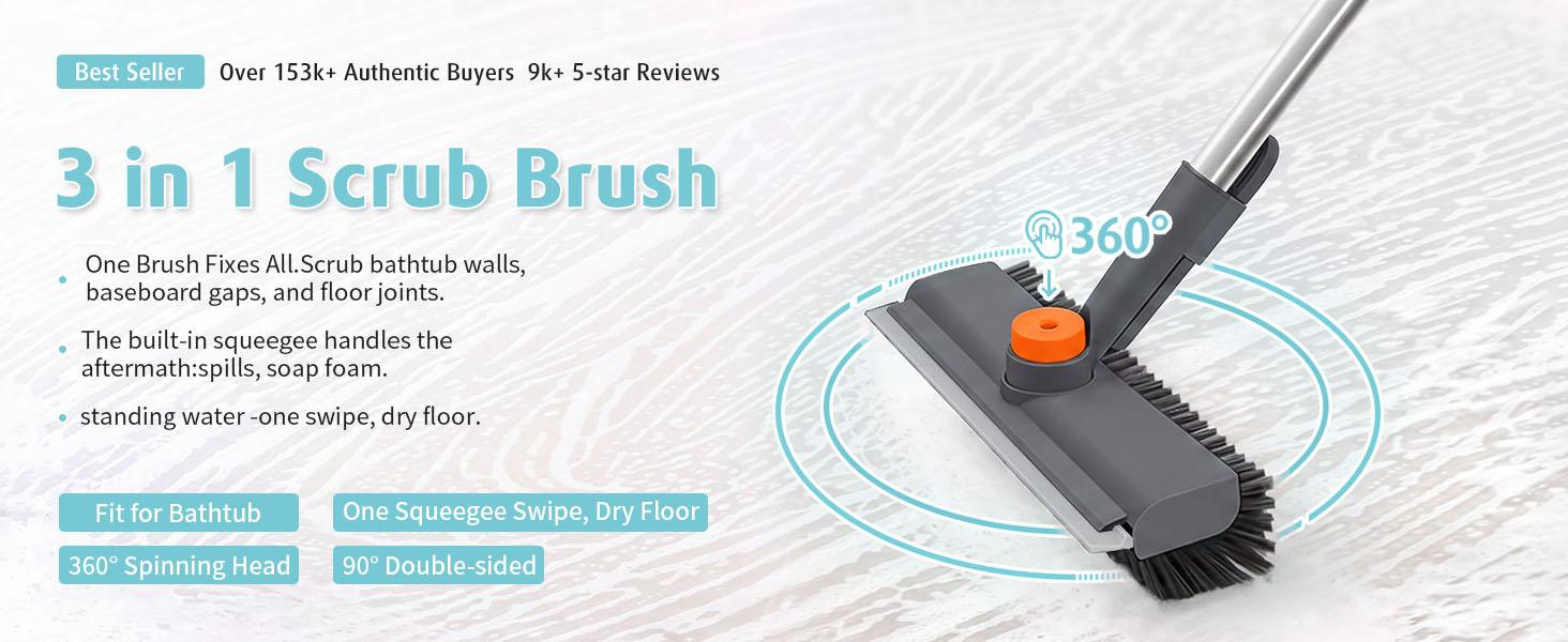 3-in-1 Floor Scrubber Squeegee Combo - Long Handles, 360° Rotatable, Heavy-Duty Stiff Bristle Scrubber, 3in1 Glass Wipe for Bathtub, Shower, Home Cleaning Supplies (Shower Broom Squeegee), Brush+Squeegee, Durable