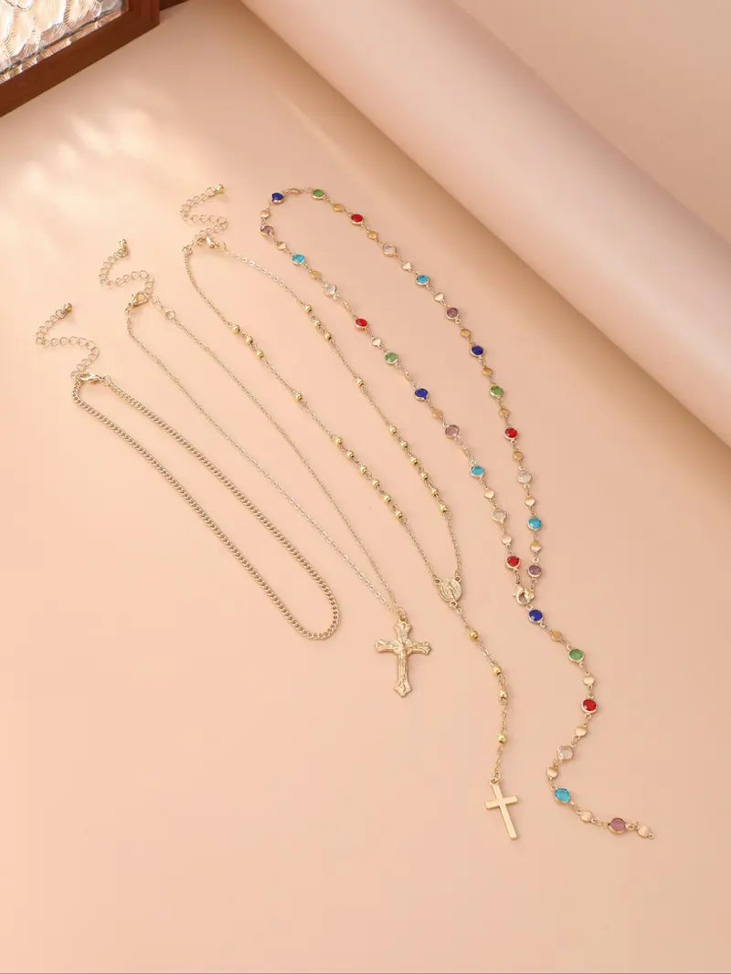 26new 4 Piece Set Vintage Metal Jesus Cross Y-Style Long, Bohemian Style Boho Chic Colorful Crystal Glitter Cross Pendant Jewelry, Perfect Fashion Gift for Women