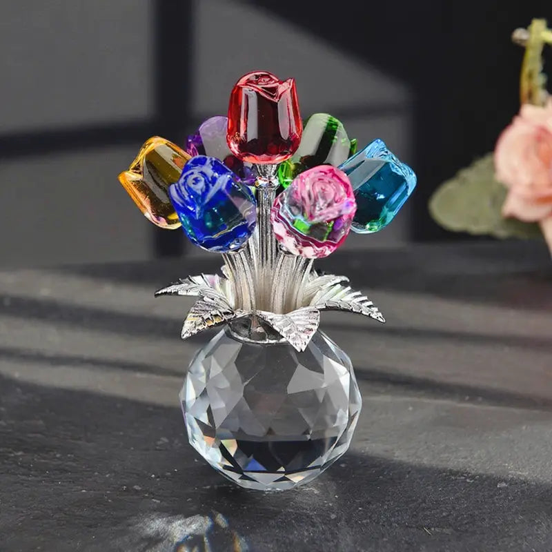 Crystal Rose Bouquet Figurine - Little Glass Rose Flower Statue Sculpture， Unique Birthday, Valentine's Day, Wedding Anniversary & Christmas Gift Idea for Lover, soho
