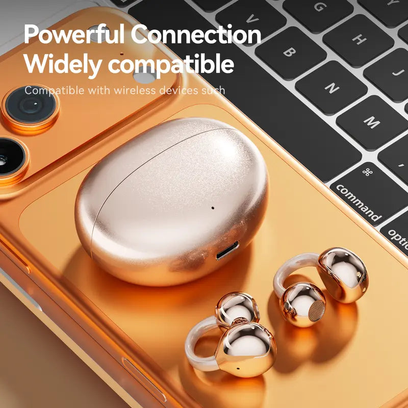 Rose Gold Finish On-Ear Bluetooth 6.0 Clip-On Headphones with DT6.0 Pulse Tech, 360° Sound, IPX5 Waterproof, Light Fit, Call Control, Earbuds Bluetooth for Sports, Cells, Music（sold：623）