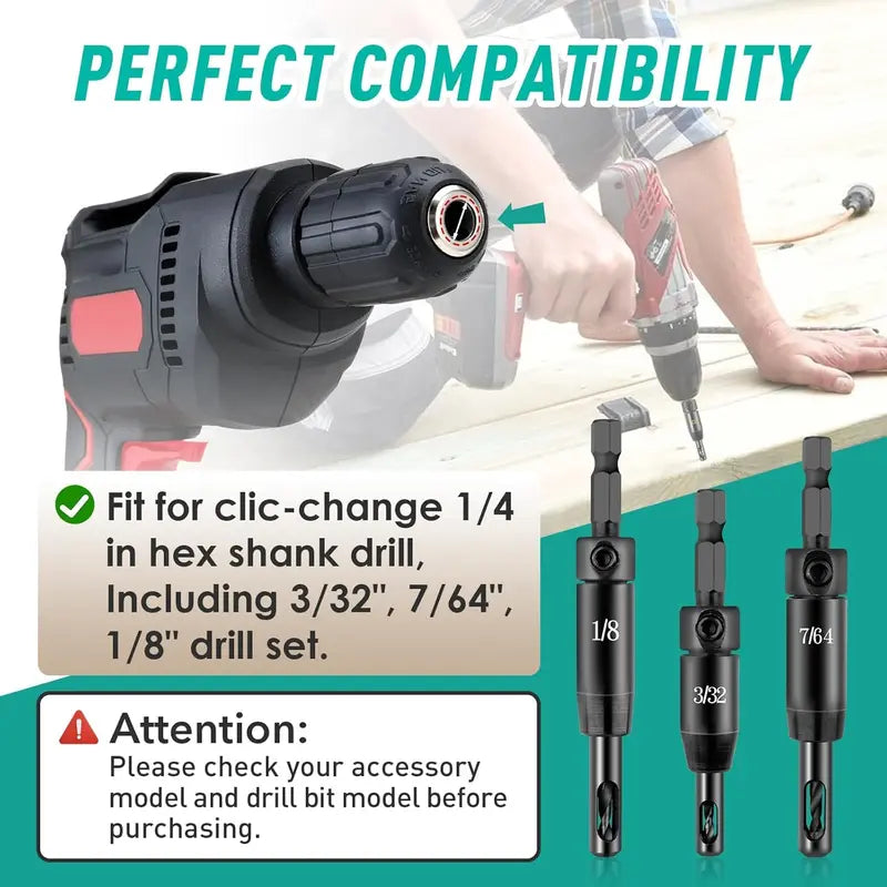 Upgraded Self Centering Drill Bit Set Vix Bits, 3/32" 7/64" 1/8" Center Hinge Drill Bit for 1/4In Hex Shank Drills, Installing Hinge & Drilling Pilot Hole, Ultra-Hard Steel, High-Precision  [Sold 1000+ units]