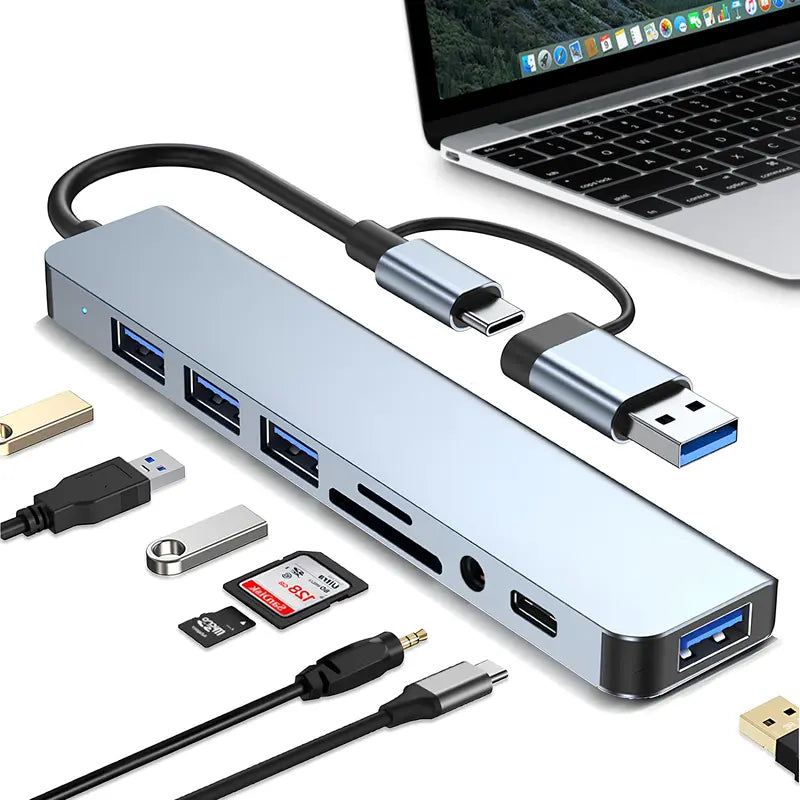 8-in-1 USB C Hub with HDMI Splitter, 4 USB Ports, USB-C, TF/SD Reader, 3.5mm Audio - USB Extender for Laptop, Tablet, Phone Accessory, for MacBook Pro/iPad Pro/iPhone 15/Laptop/More [Sold 641 units]