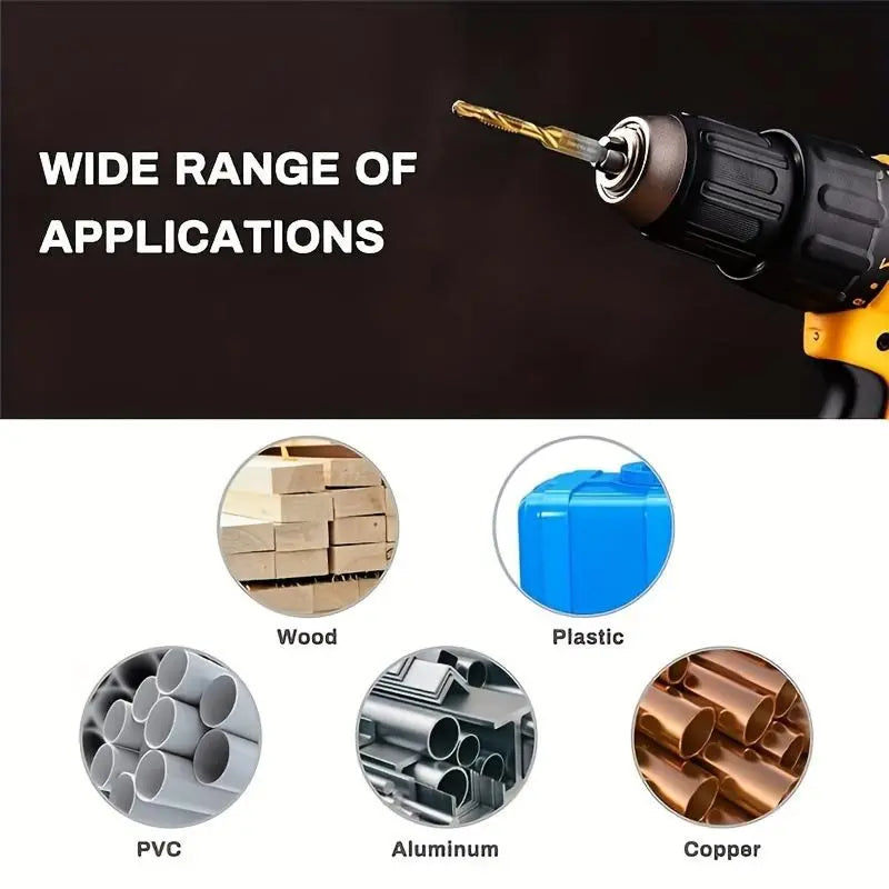 M3-M10,6Counts Tap Bit Set,Ultra TiAlN Coating M2 Drill Tap Set for One-Step Drilling,Tapping and Deburring.